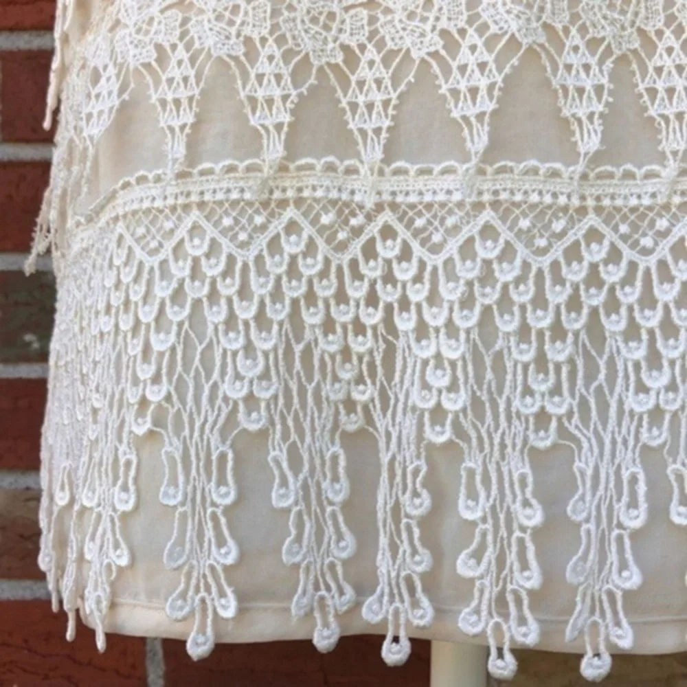 Dress the Population Crochet Chiffon Tiered Fringe Lace Cream Mini Dress 👗